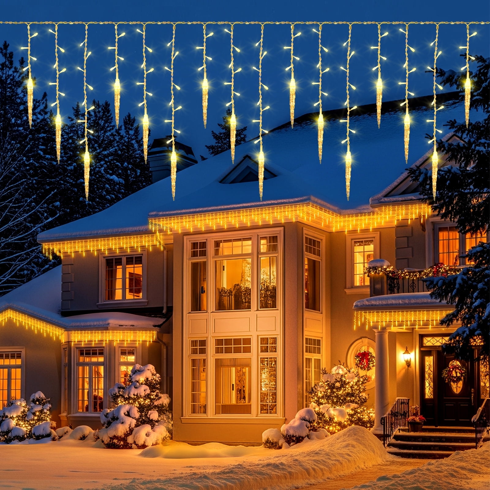 DONGPAI Christmas Icicle Lights, 11.5Ft 96 LED 8 Modes Icicle String Lights with 16 Drops Window Curtain Fairy Lights Outdoor Indoor for Christmas Wedding Holiday Decor