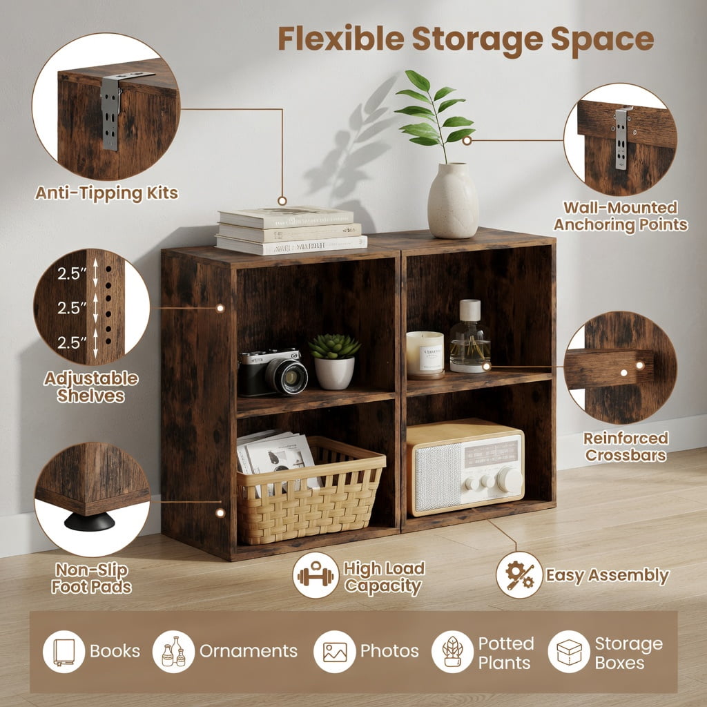 Topcobe 2-Cube Bookcase Floor Standing Open Bookshelf with 5-Position Adjustable Shelf, Corner Bookshelf, Storage Shelf, Book Organizer-Brown
