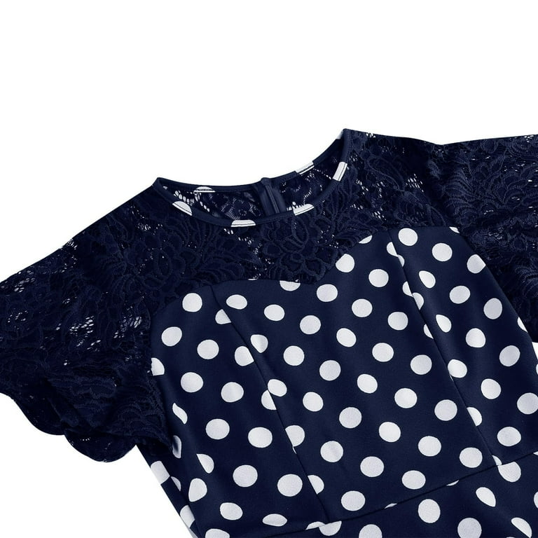 Uaswgudfs Women's Casual Short Sleeve A-Line Midi Dress - Summer Lace Trim  & Polka Dot Grid Pattern,Everyday Design Navy M - Walmart.com