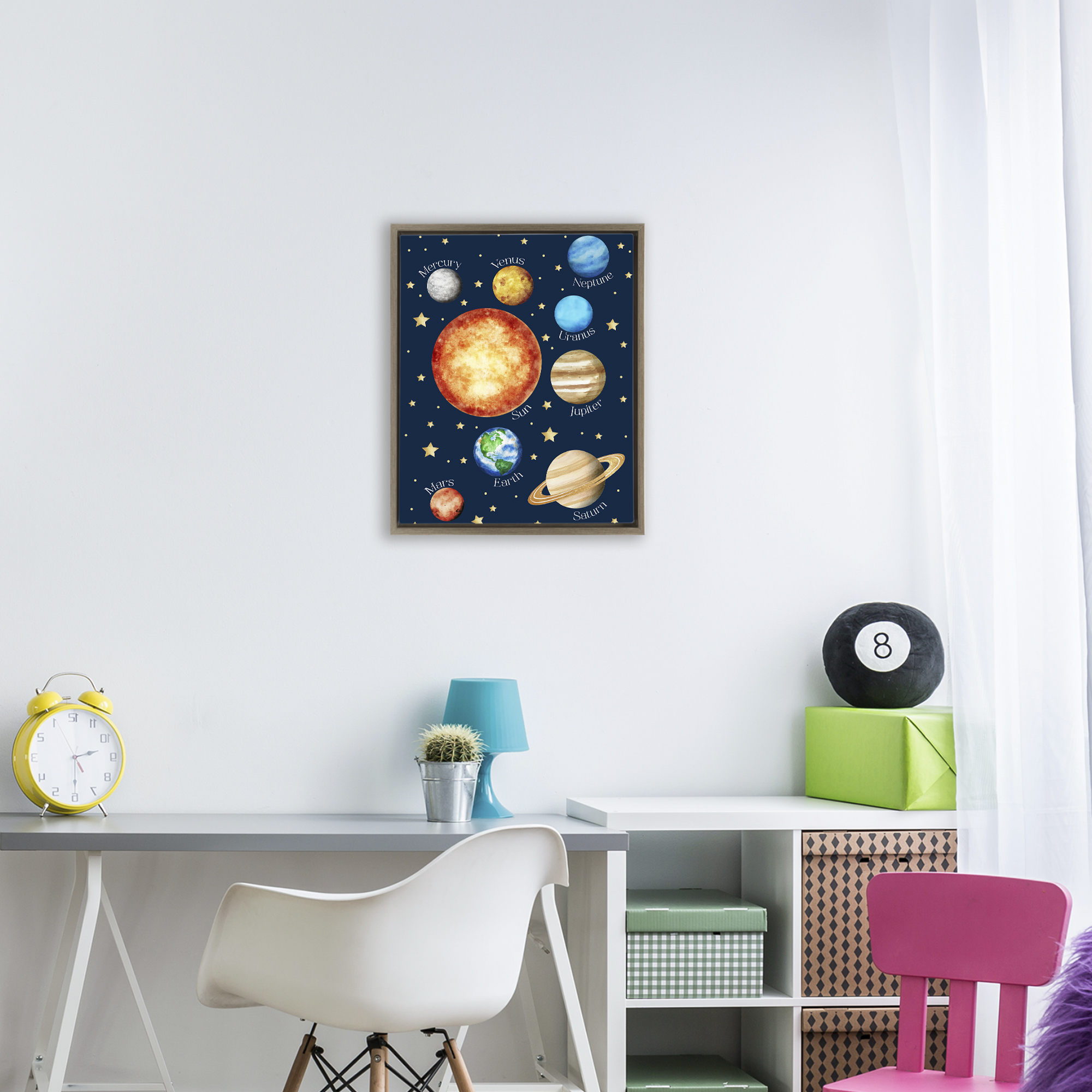 Educational Solar System Space Brown Framed Floater Canvas Wall Art, design by Christine Simpson Art