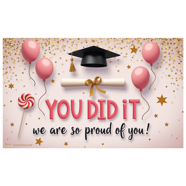 Graduation Cap Graduation Banner Diploma Achievement Banner Pink Balloons Lollipop Confetti Banner for Graduation Ceremony School Event Student Celebration