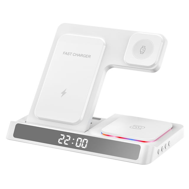 5-In-1 Digital Alarm Clock With Wireless Charging For IPhone 15/14/13, Foldable Charger Dock Station Compatible With AirPods Pro
