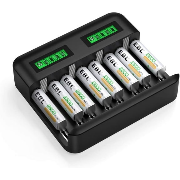 EBL Battery Charger for AA/AAA/C/D Rechargeable Battery with 1.2V NiMH Rechargeable AA Battery 2800mAh 8 Packs Combo