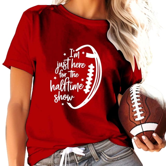 TSADFHJI Hauts de Vacances pour Femmes Élégants Mode Décontractée Imprimé Rugby Col Rond T-Shirt Manches Courtes TTTG Rouge