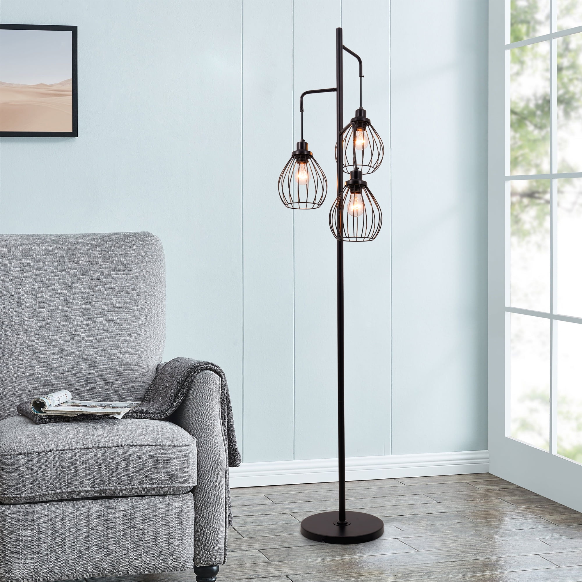 GMizon 16 Inch Retro Simple Floor Lamp, 3 Head Living Room Floor Lamp, Suitable for Dining Room and Bedroom Lighting Fixtures (Black)
