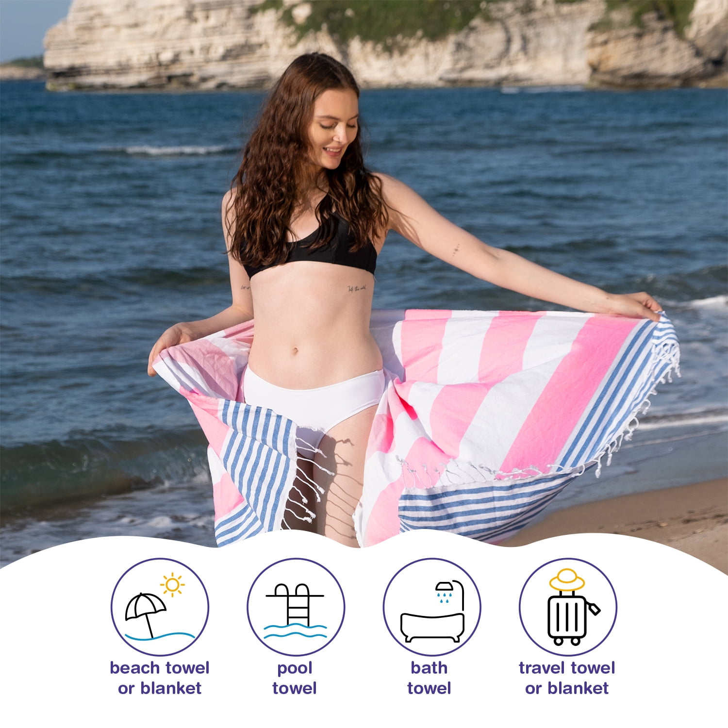 PADISHAHHOME Turkish Beach Towels Set of 6 | Oversized, Quick Dry, Sand Free | 100% Cotton, Large 38x71" Towels for Beach, Pool, Travel | Ultra-Soft, Compact, and Absorbent | Fuchsia / Turquoise