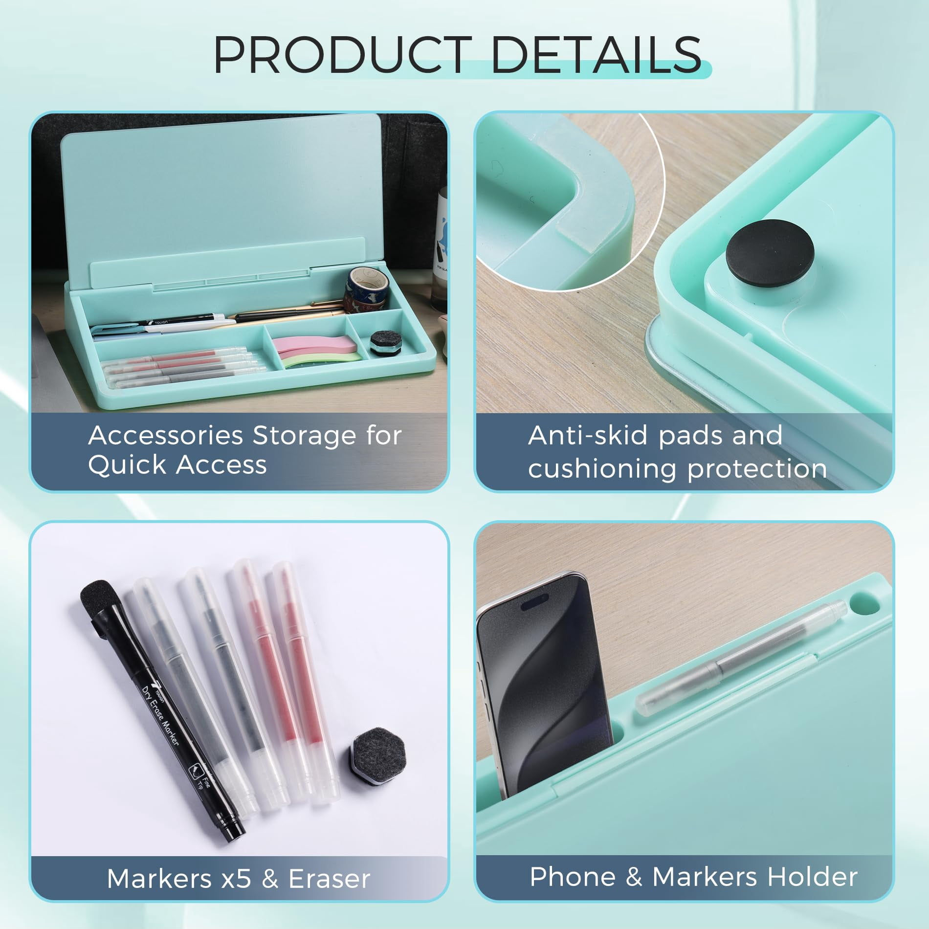 Small Compact Glass Desktop Whiteboard With Storage - 12 X 7 In Dry Erase Board For Desk  Home Office School | Includes 5 Markers Eraser & Holder Space-saving Organizer Aesthetic Teal Blue