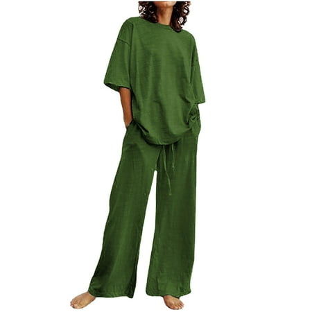 Dazajoo Cotton Linen 2 Piece Set for Women Plus Size Casual Solid Color Loose Fit Outfits 2024 Womens Fashion Short Sleeve Crew Neck Tops with Wide Leg Long Pants Summer Suits Green XXXXXL
