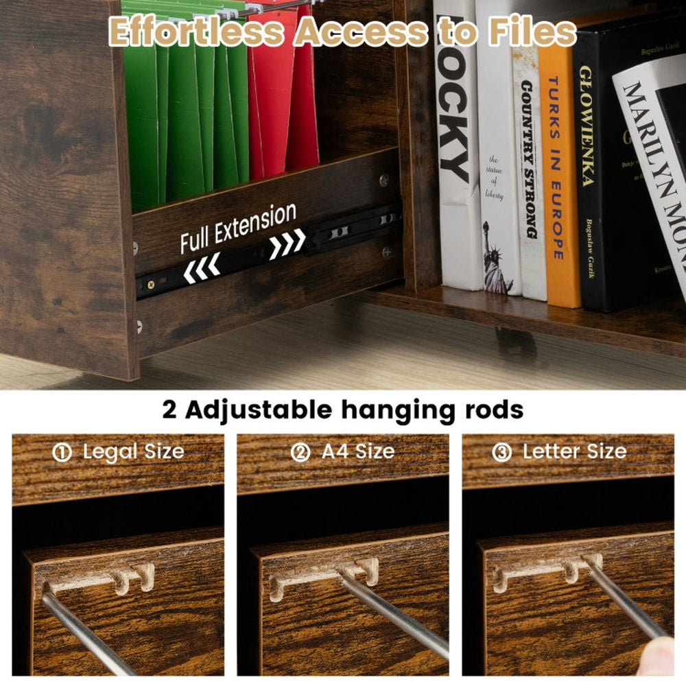 Barara King File Cabinet, File Stroage Organizer,3-Drawer File Cabinet with Adjustable Shelf and Wheels for Letter-Rustic Brown