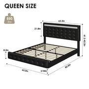 Homfa Queen Floating Bed with Lights, LED Platform Bed Frame with Under Bed Storage, PU Leather Adjustable Tufted Upholstered Bed, Black