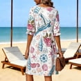 thumbnail image 4 of Vestido de Verano Floral Azul Impresión de Vacaciones de las Mujeres Suelto Cuello Redondo Vestido de Manga de Tres Cuartos, Manga de Puff Cambio Casual, 4 of 6