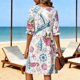 thumbnail image 4 of Vestido de Verano Floral Azul Impresión de Vacaciones de las Mujeres Suelto Cuello Redondo Vestido de Manga de Tres Cuartos, Manga de Puff Cambio Casual, 4 of 6
