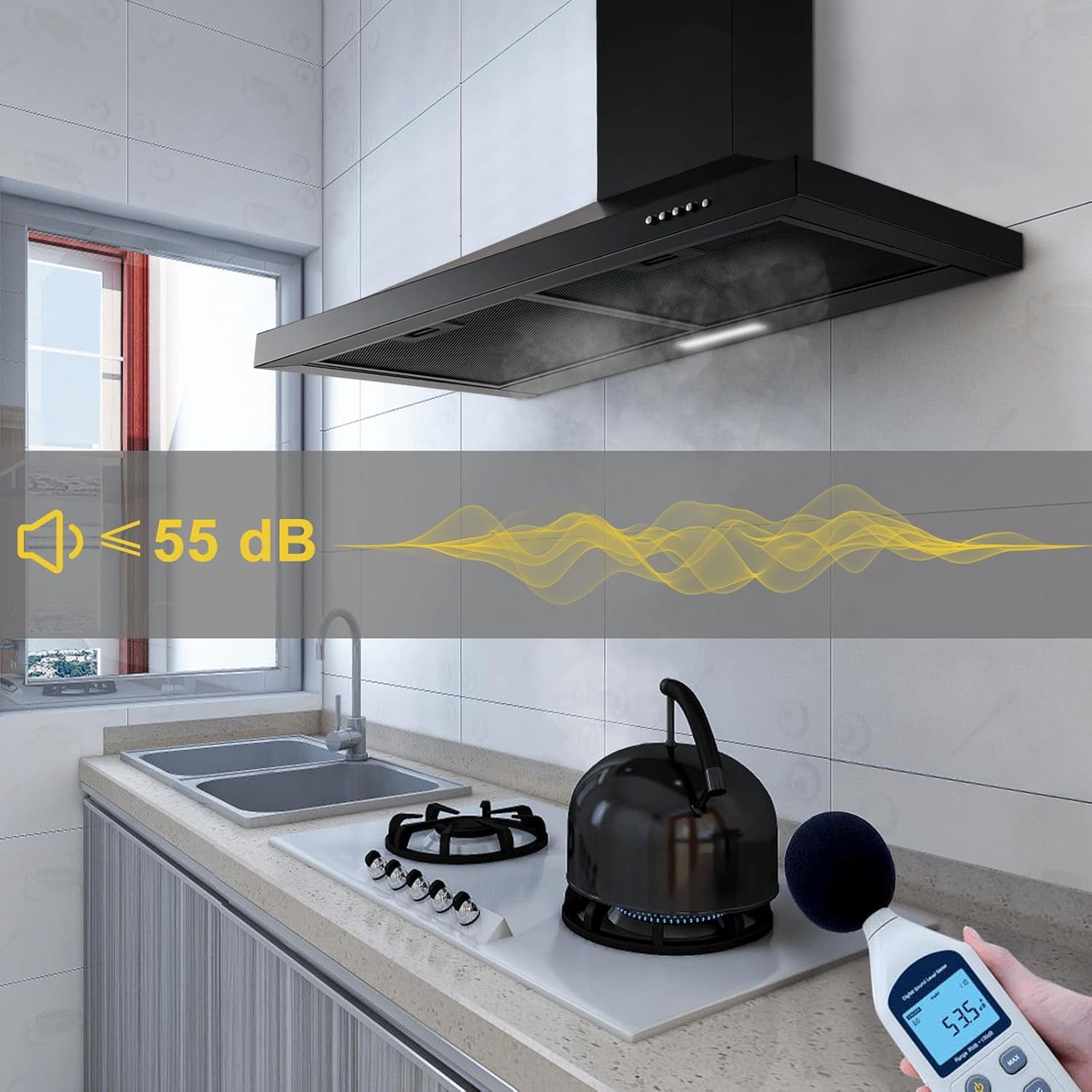 30 inch Wall Mount Range Hood 450 CFM with Ducted/Ductless Convertible Duct Stainless Steel Chimney-Style Over Stove Vent Hood with LED Light 3 Speed Exhaust Fan Black Hood Vents for Kitchen