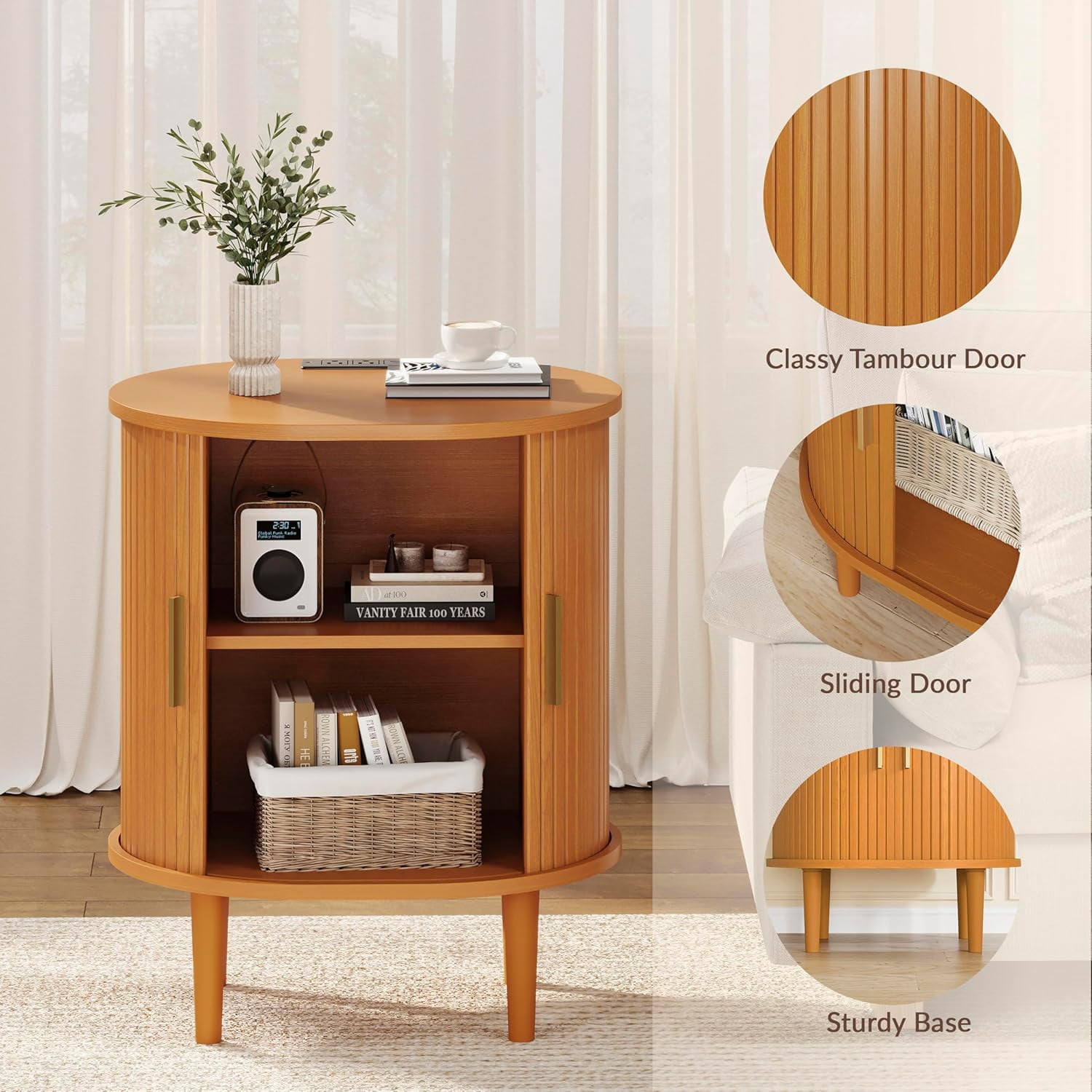 1-Piece Nightstand Set with Charging Station Mid-Century Modern, Yellow Fluted Side Tables with Sliding Door & Adjustable Shelf, Space-Saving End Table for Bedroom, Living Room