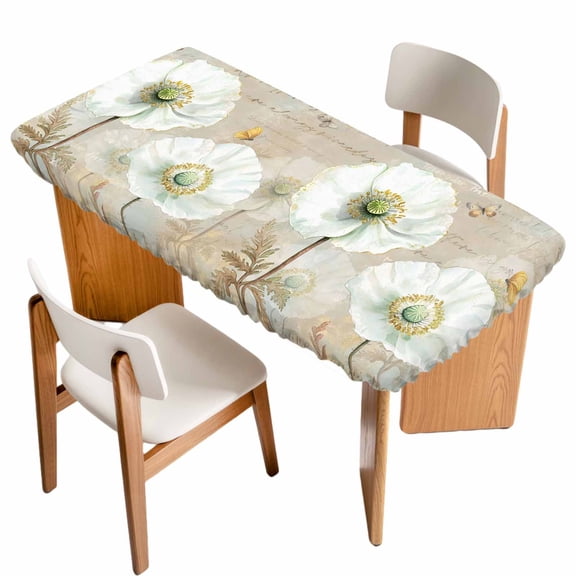 White Flowers Table Cloths for 6 Foot Rectangle Tables, Vintage Floral Butterfly Farmhouse Beige Patio Waterproof Elastic Fitted Tablecloths, Washable Rectangular Table Cover for Camping
