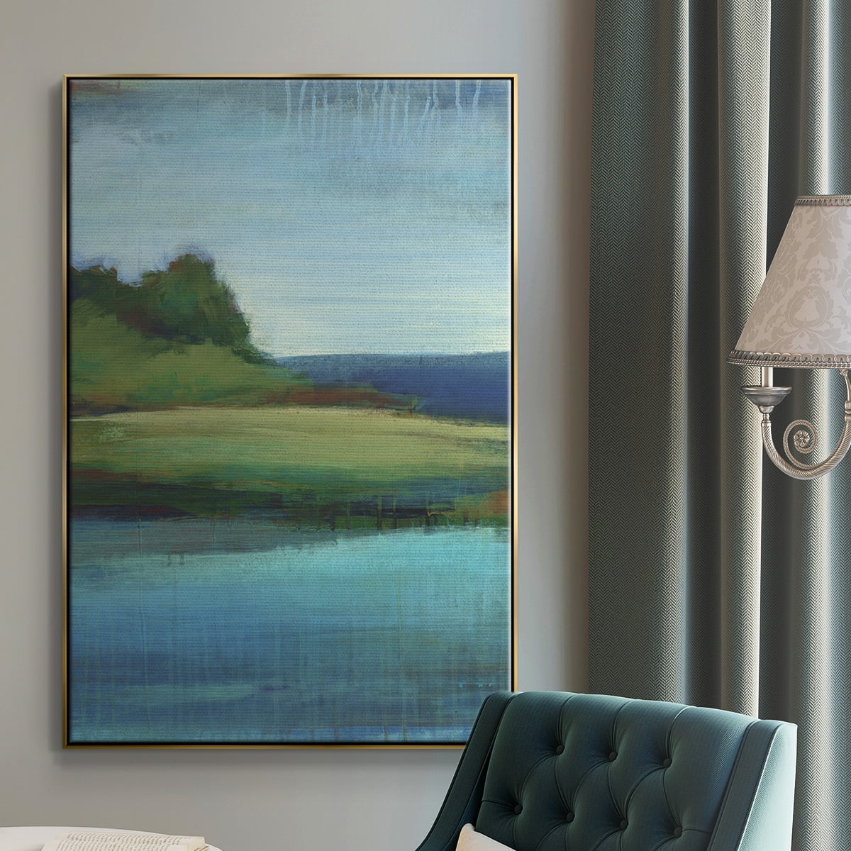 Silent Lakeside I Framed Premium Gallery Wrapped Canvas - Ready to Hang - 27 x 41 - Gold Floating Frame