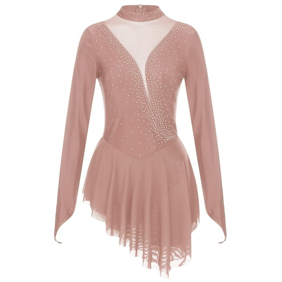 Riismen Women Figure Ice Skating Dress Dance Competition Costume Sheer Mesh Patchwork Long Sleeve Dress Brown L