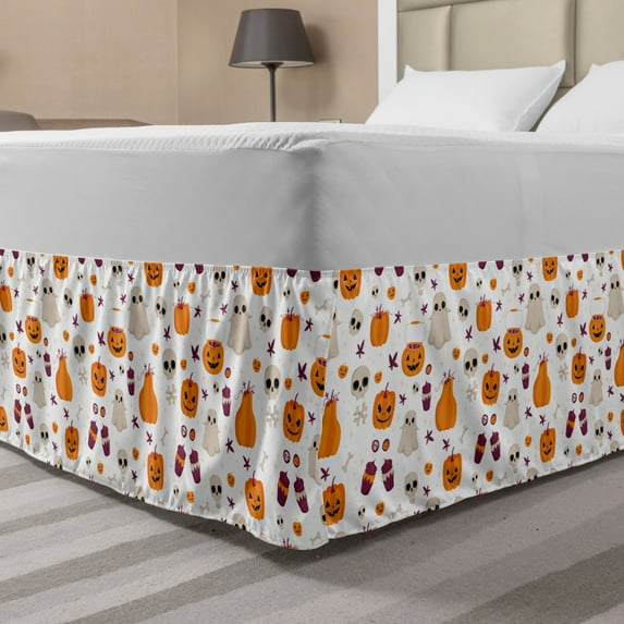 Ghost Bed Skirt, Cartoon Pattern of Pumpkin Ghost Skull and Other Elements Inspired by Halloween Party, Elastic Bedskirt Dust Ruffle Wrap Around for Bedding Decor, 4 Sizes, Multicolor, by Ambesonne