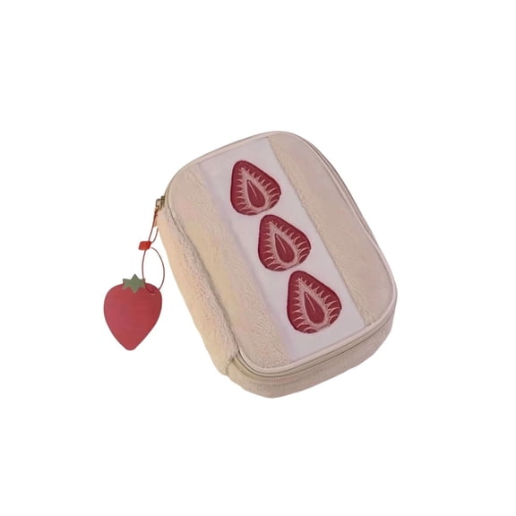 Cute Strawberry Print Pencil Case Flannel Plush 7.09×4.72×1.58In Soft Fabric Zipper Pouch Portable Storage Bag For Stationery Cosmetics & Small Daily Accessories Multicolor