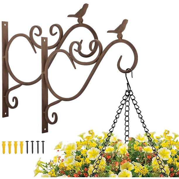 Soporte de planta montado en la pared de balcón, conjunto de 2 formas de pájaro europeo retro, gancho colgante de hierro forjado, para linternas de cesta con tornillos, decoración al aire libre para G Feliz Sencillez