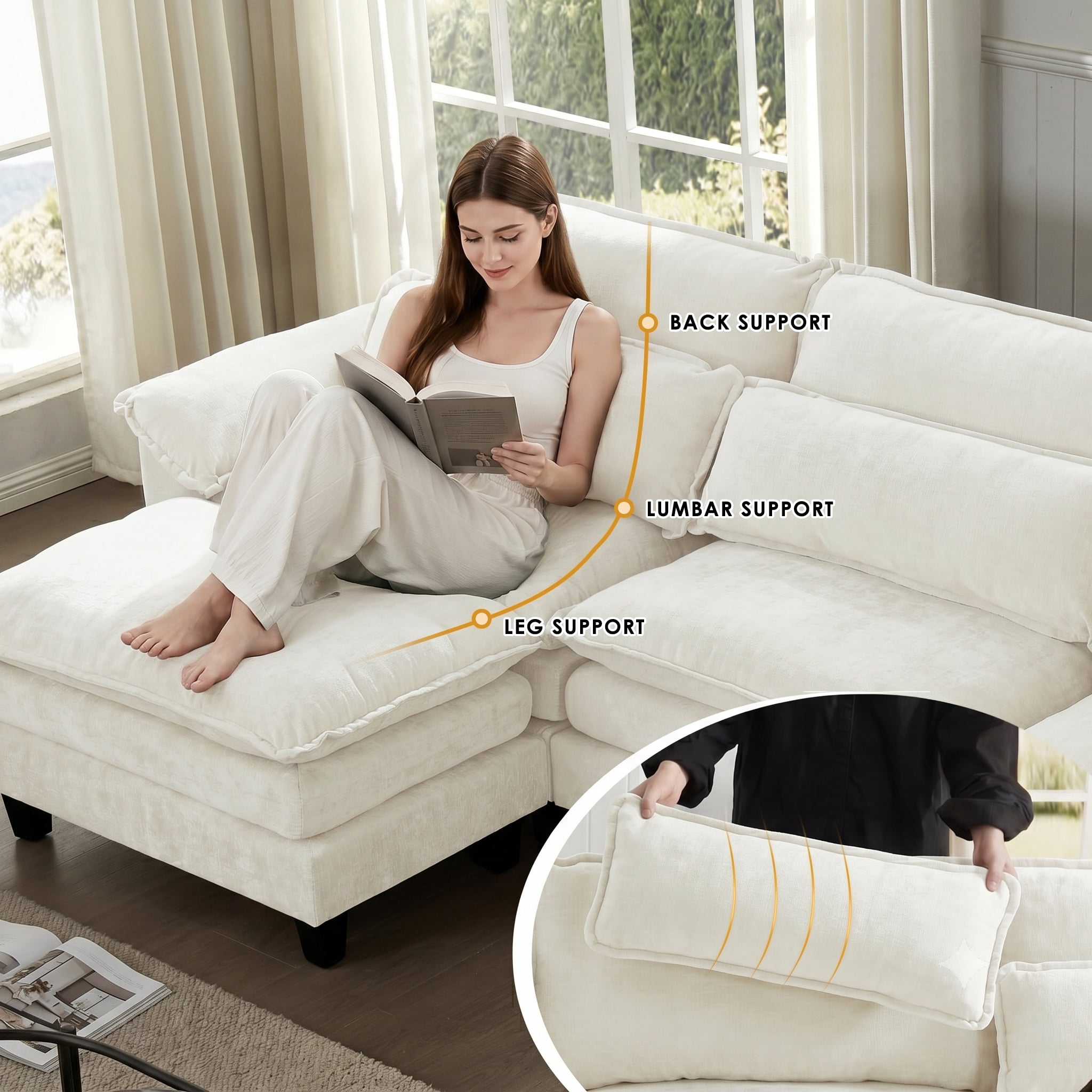 AISWORD 157" U Shaped Cloud Couch Sectional, Oversized Modular Sofa with USB Charging, Hidden Storage, Cup Holders & Double Chaise for Living Room, Beige