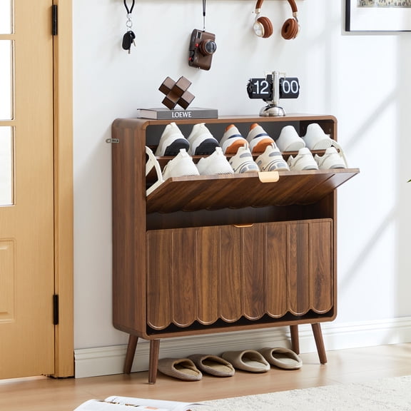 Wirrytor Wave Panel Shoe Storage Cabinet with 2 Flip Drawers for Entryway, Wooden Narrow Shoe Rack Organizer for Foyer Hallway Entrance, Walnut