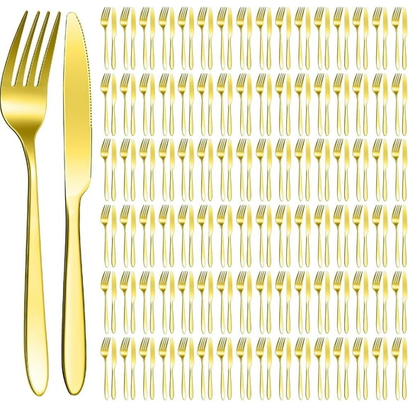 100 Pieces Stainless Steel forks and knives Dinner Flatware Set Tableware Cutlery for Butter Kitchen Restaurant, Dishwasher Safe(Gold,8.4 Inches, 7.1 Inches)