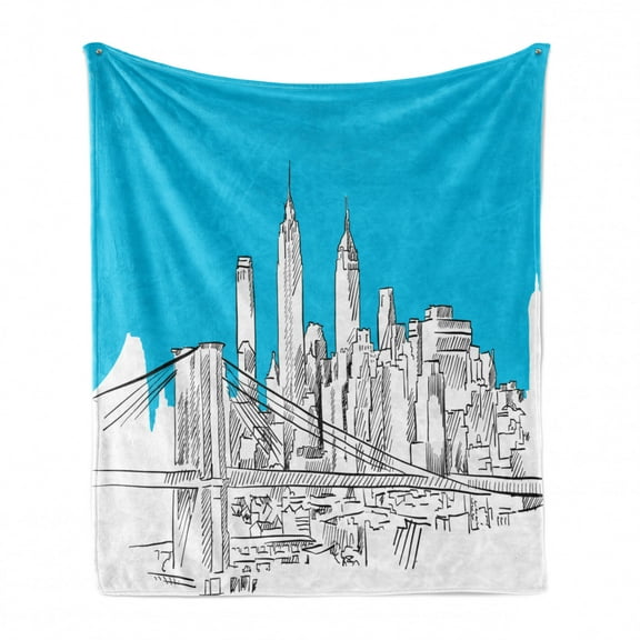 NYC Scene Soft Flannel Fleece Throw Blanket, Sketchy Pencil Drawn Brooklyn Bridge Illustrated by Hand, Cozy Plush for Indoor and Outdoor Use, 50" x 60", Sky Blue Charcoal Grey, by Ambesonne