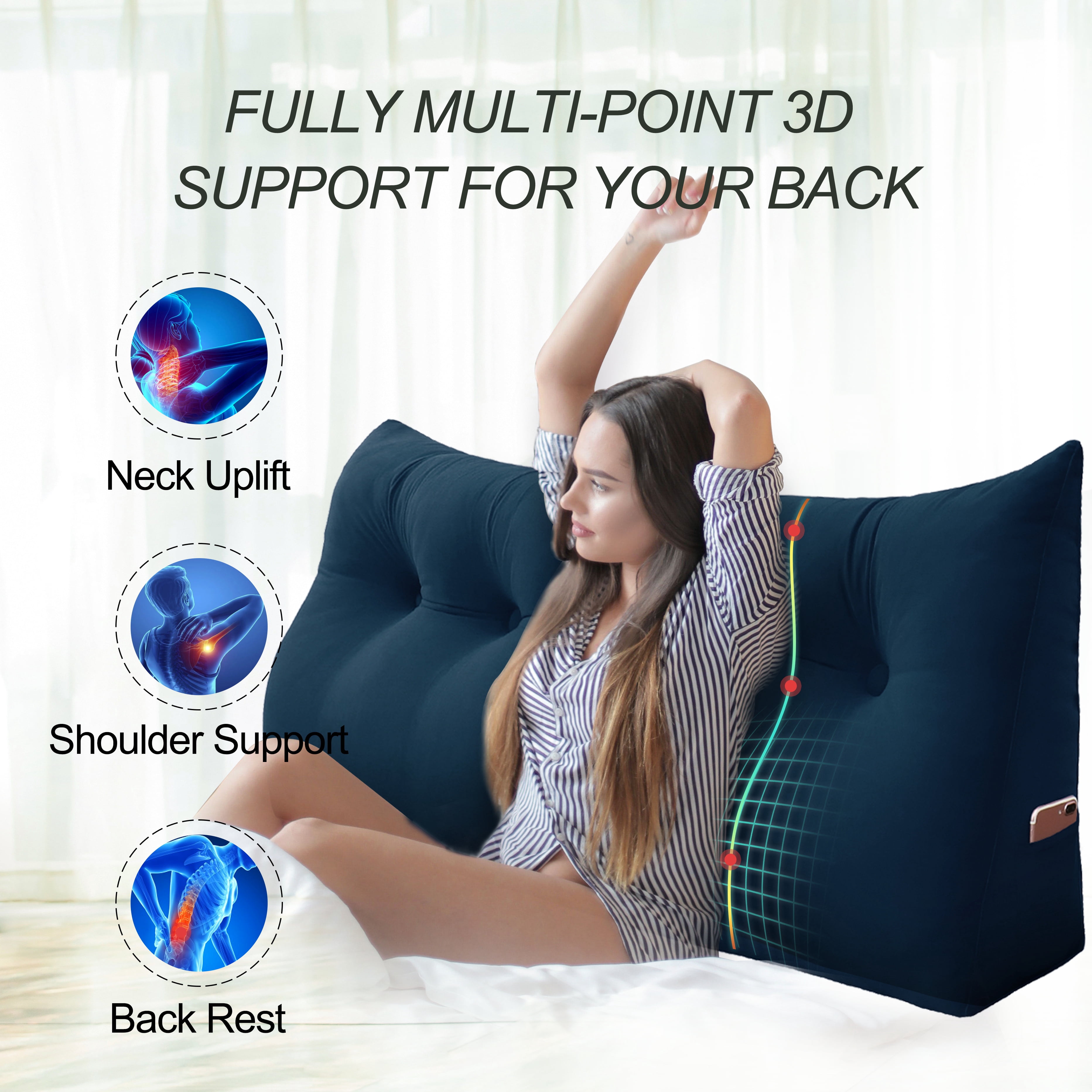 WOWMAX Large Bolster Triangular Reading Backrest Positioning Support Wedge Pillow Headboard for Day Bed Bunk Bed RV/Trailer with Removable Cover 39 Inches Velveteen Deep Blue