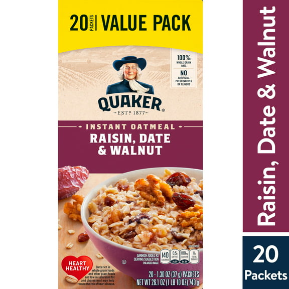 Quaker, Instant Oatmeal, Raisin, Date & Walnut, 1.30 oz, 20 Packets