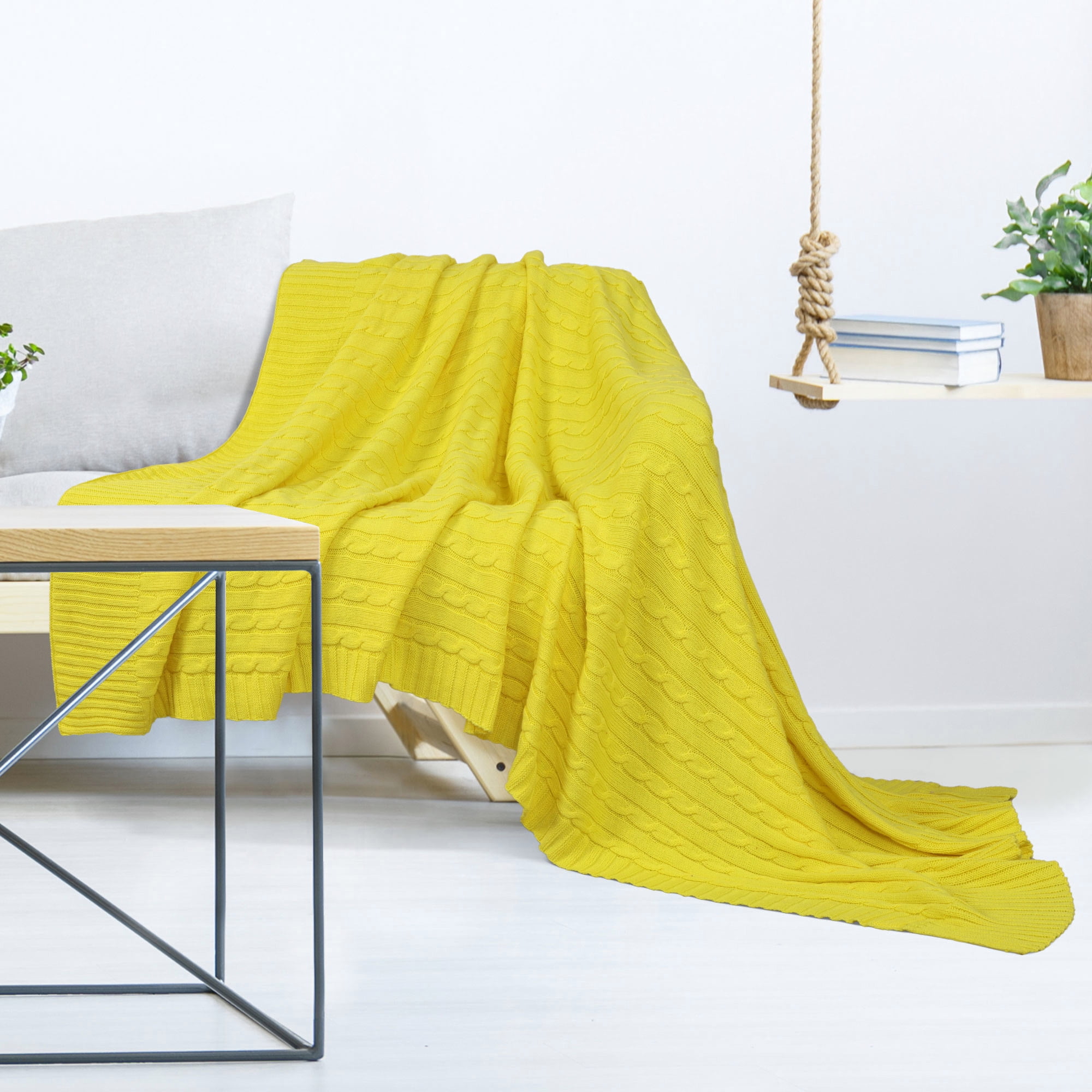 Unique Bargains 100% Cotton Cable Knit Throw Bed Blanket Yellow 51" x 59"
