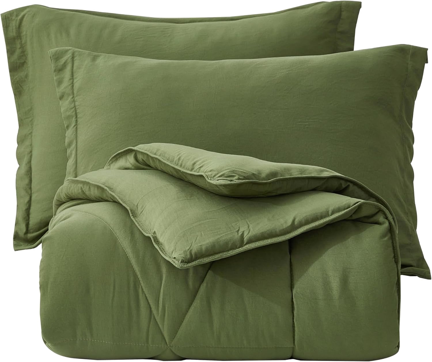 Chezmoi Collection Rory Olive Green Comforter Set Oversized Queen Size 3-Piece Fluffy Soft Lightweight Bedding Triangle Quilted Stone-Washed Microfiber Comforter Set for All Season