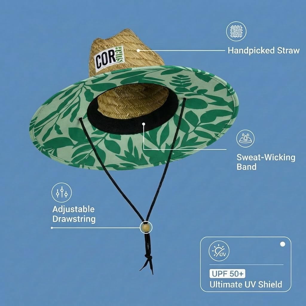 Straw Beach Hat - UPF 50+ Cotton Patriotic Under Brim Lifeguard - Drawstring Fit - Medium