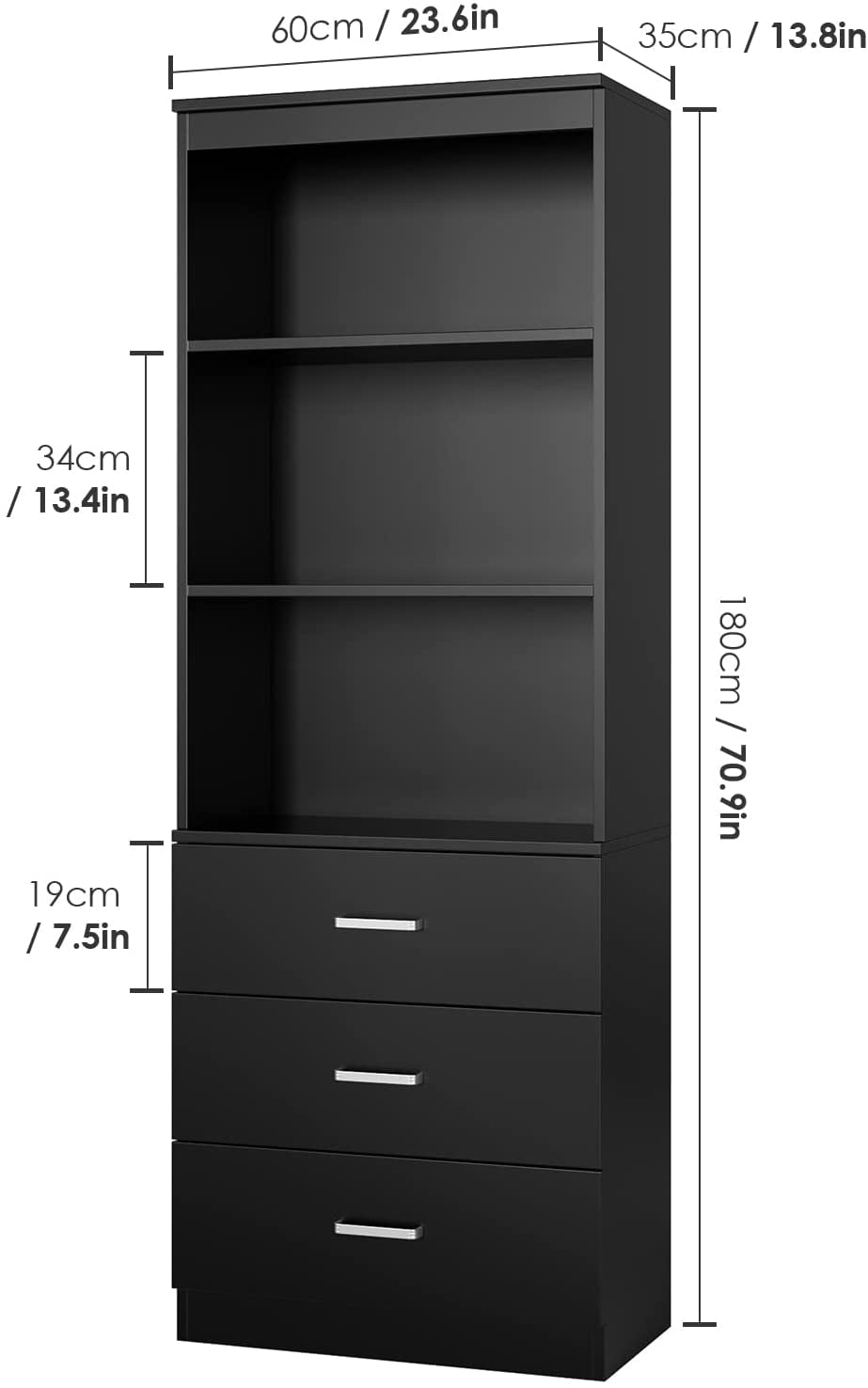 Homfa 71″ Tall Bookcase with 3 Drawers – Modern Black Finish