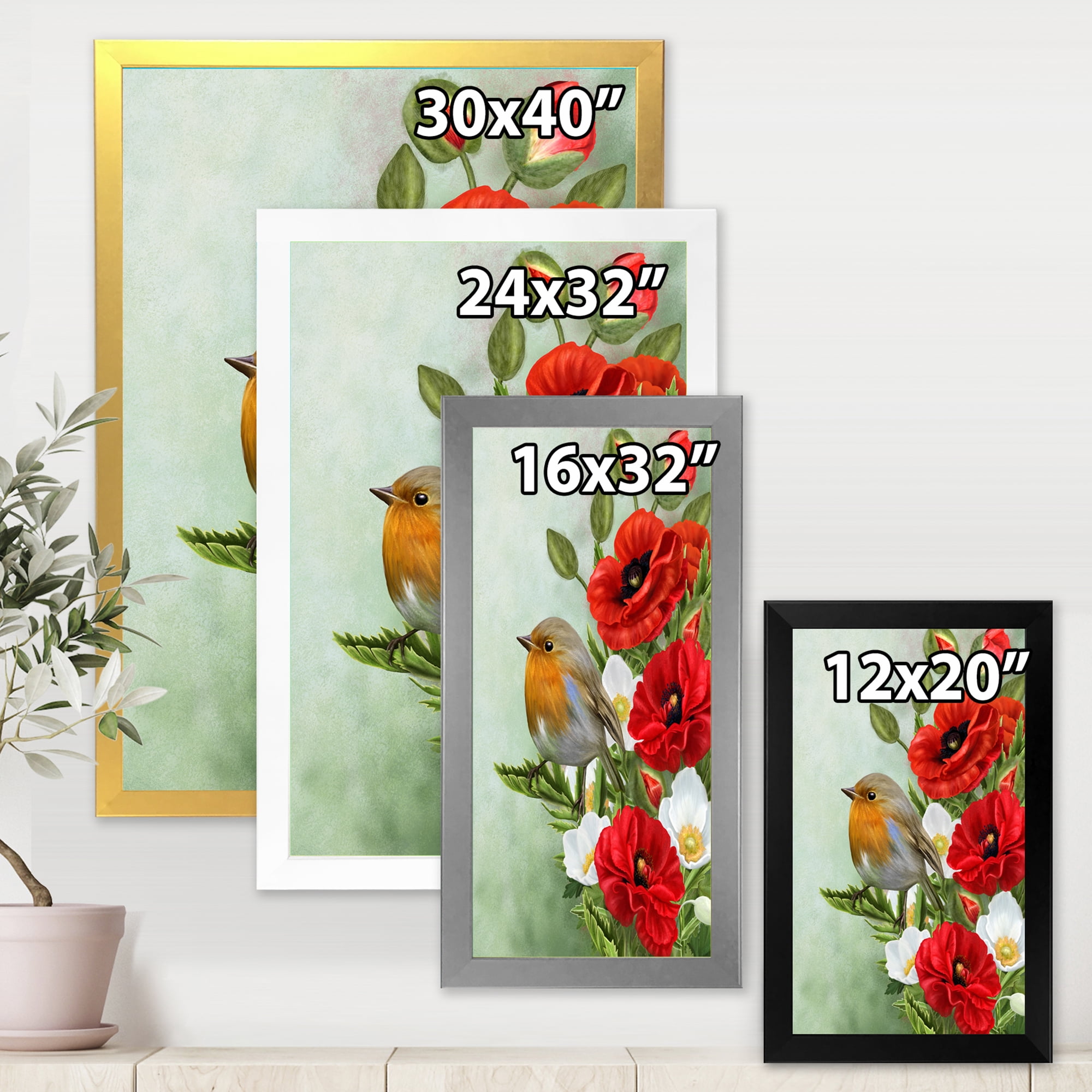 Designart 'Red Poppies and White Anemones With Yellow Bird' Traditional Framed Art Print
