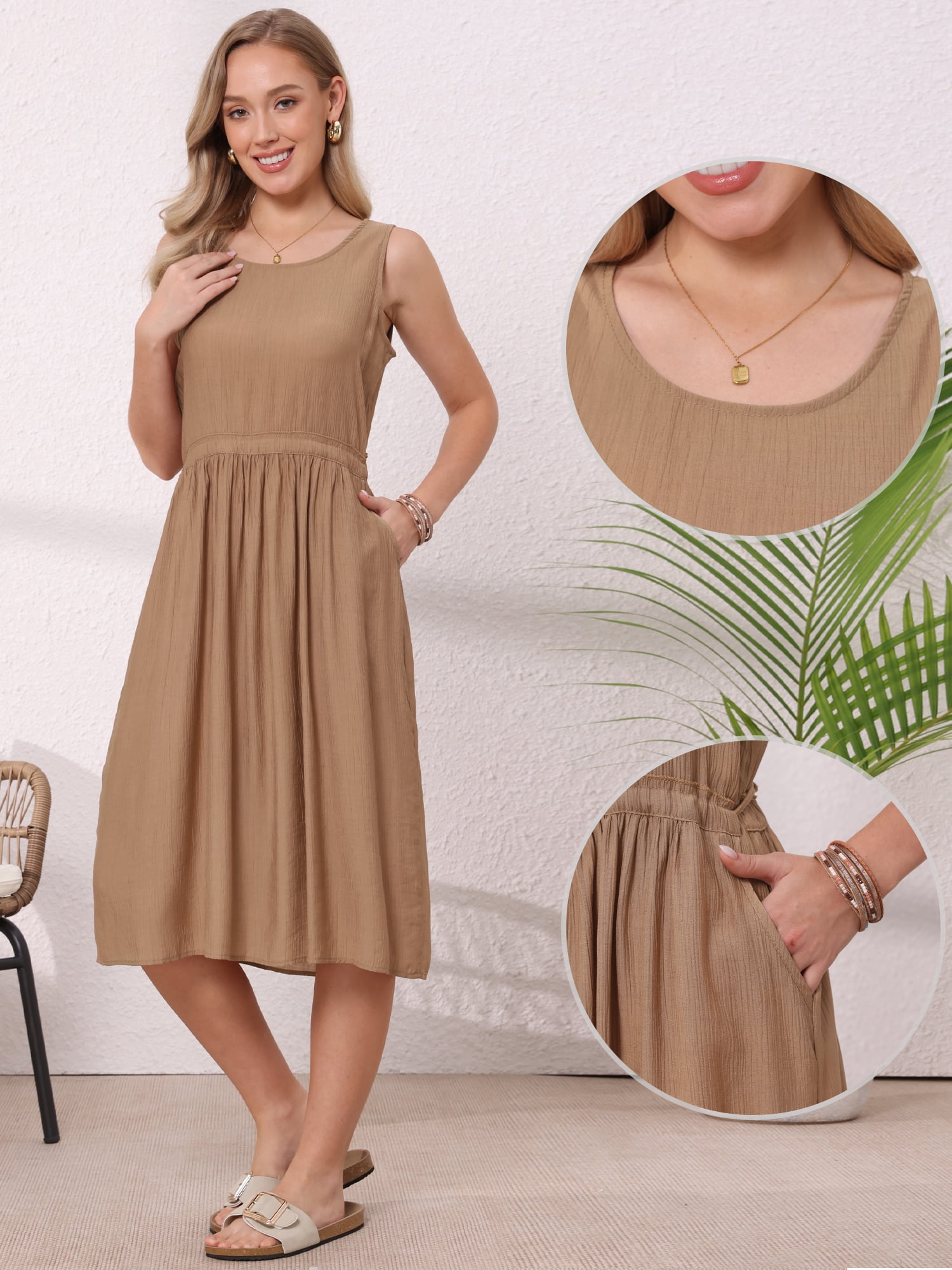 DARING DIVA Women's Sleeveless Crew Neck Drawstring Waist Midi Dress M Khaki