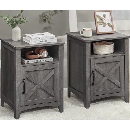 Farmhouse Nightstand with Barn Door Set of 2 Bedside Table featuring Storage Side End Table Night Stand with Open Compartment