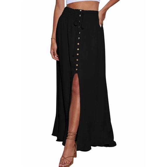 Women'S Elastic Tie Waist Button Down Maxi Skirts Casual Loose Flowy Swing Slit Front Dress Black L