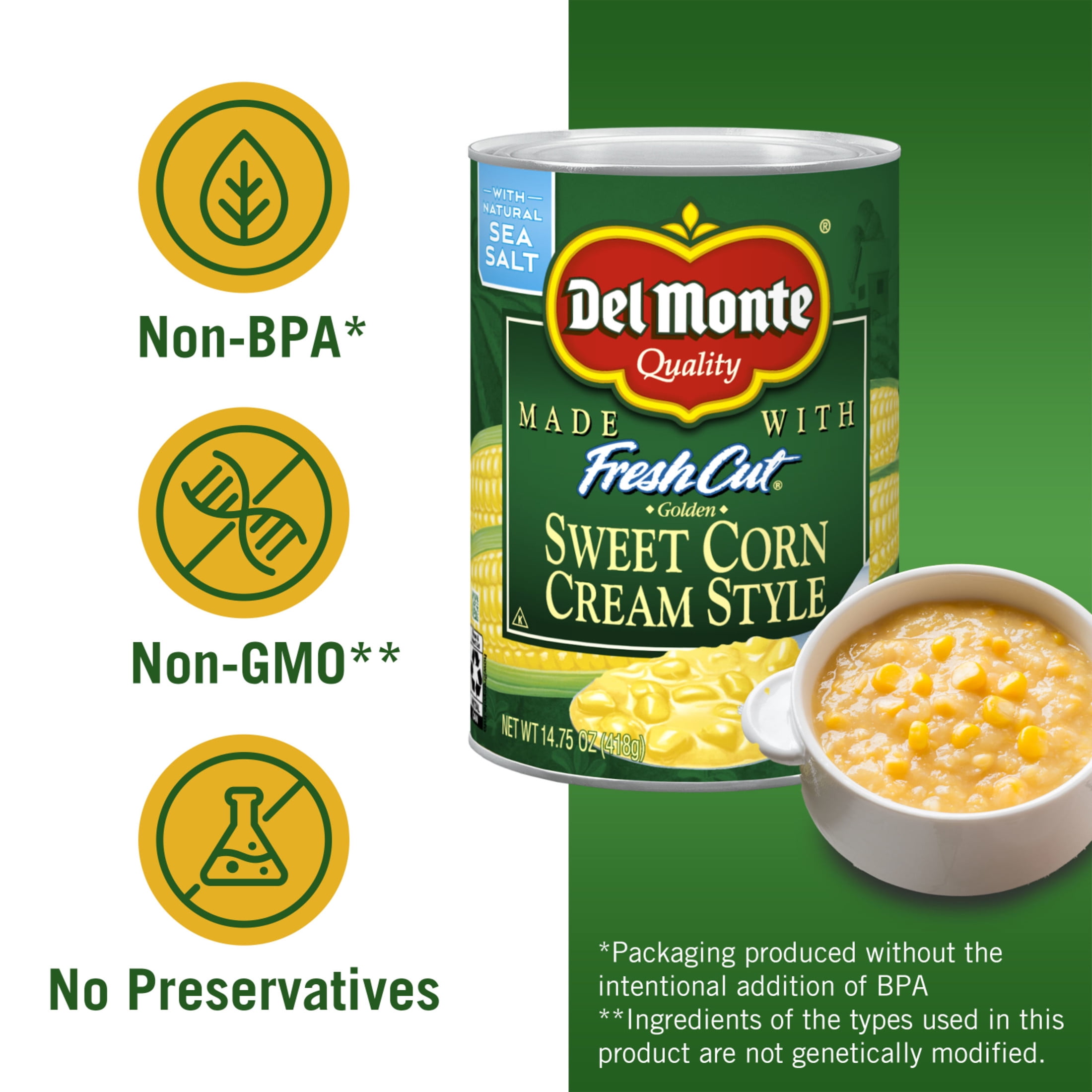 (8 pack) Del Monte Golden Sweet Cream Corn, Canned Vegetables, 14.75 oz Can