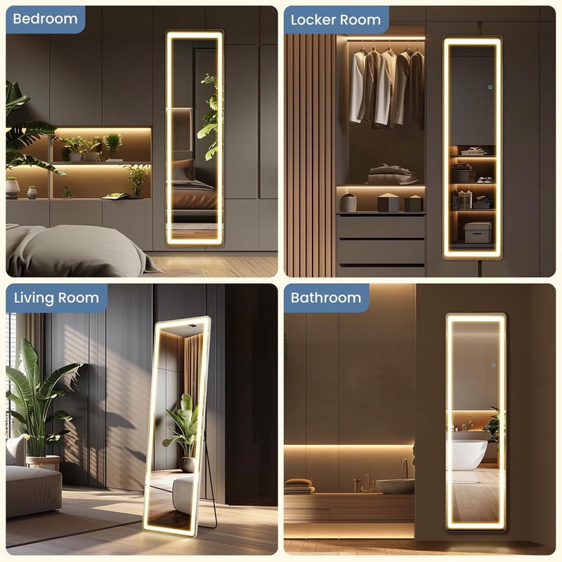 GRAHMCY 60"x 16" LED Rectangular Full Length Mirror Standing Floor Mirror with Rounded Corners,White