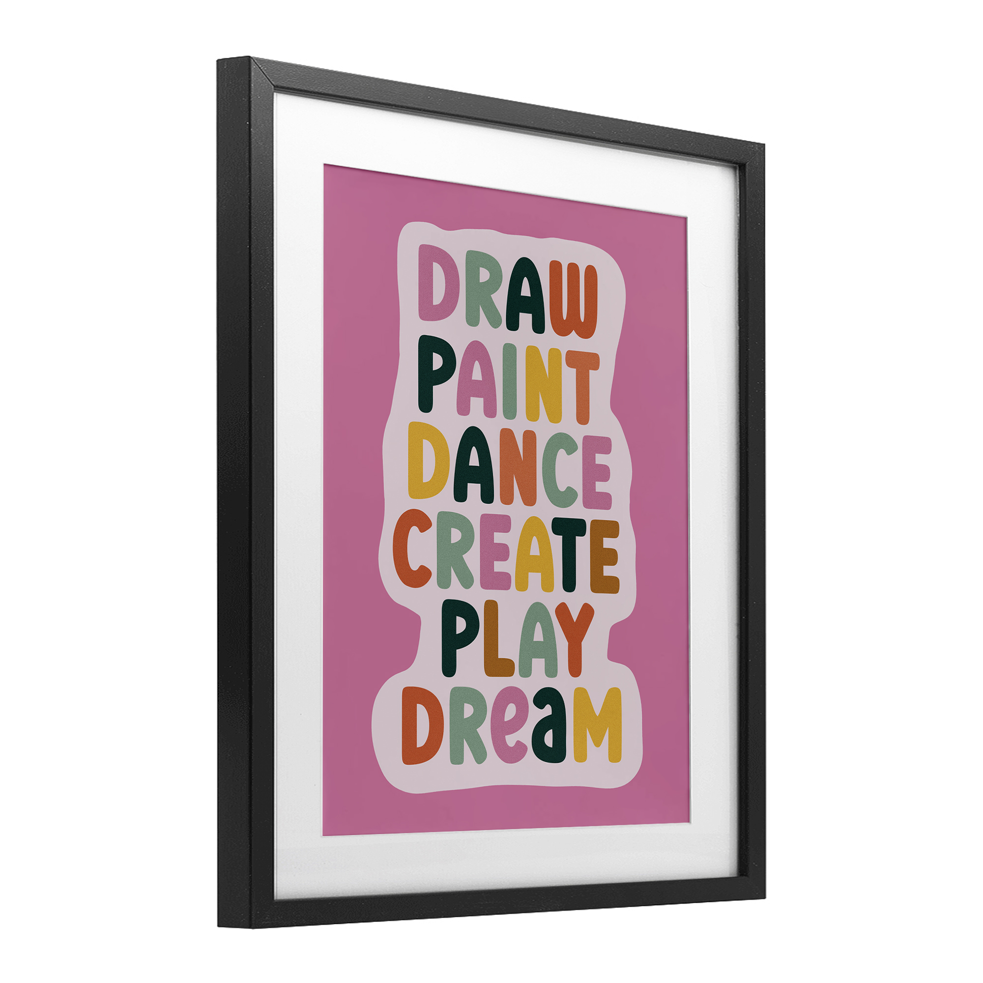 Draw Paint Dance Create Black Framed Print Under Glass, design by Julia Frost