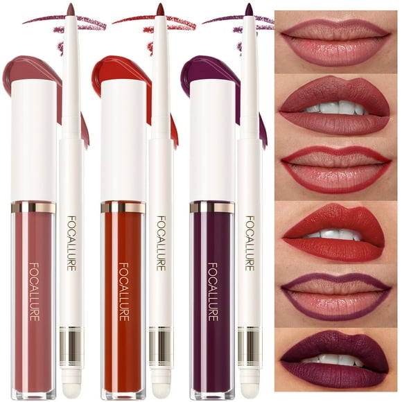 FOCALLURE KISSPROOF Liquid Lipstick & Lip Liner Set, 6 Pcs - 3 Pigmented Lip Gloss & 3 Matte Lip Crayons with Built-in Sharpener, Non-Stick Cup Makeup Gift for Women, RD01 ROUGE