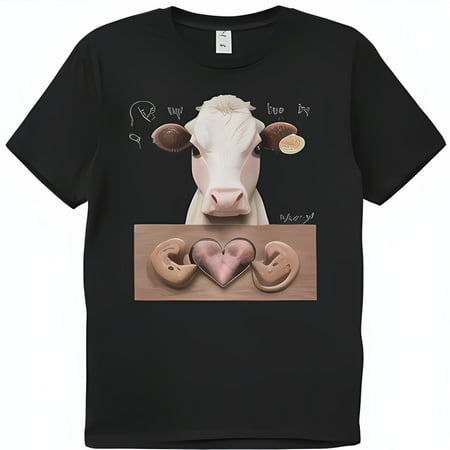 

Adorable Love & Chocolate Cow with Heart Pattern and Deer Graphic Black T-Shirt Soft Pastel Colors Warm Lighting Heunstil Style Perfect Gift Idea