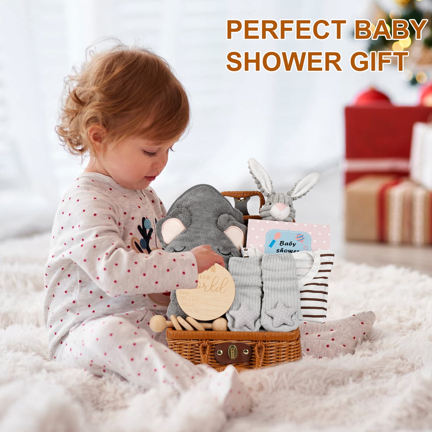 Nbpower 9Pcs Baby Shower Gifts for Boys Girls, Woven Baby Gift Basket Includes Baby Onesie Blanket Bibs Socks Rattle Rabbit Doll Milestone Greeting Card, Unique Baby Gift Set Essentials for Newborn