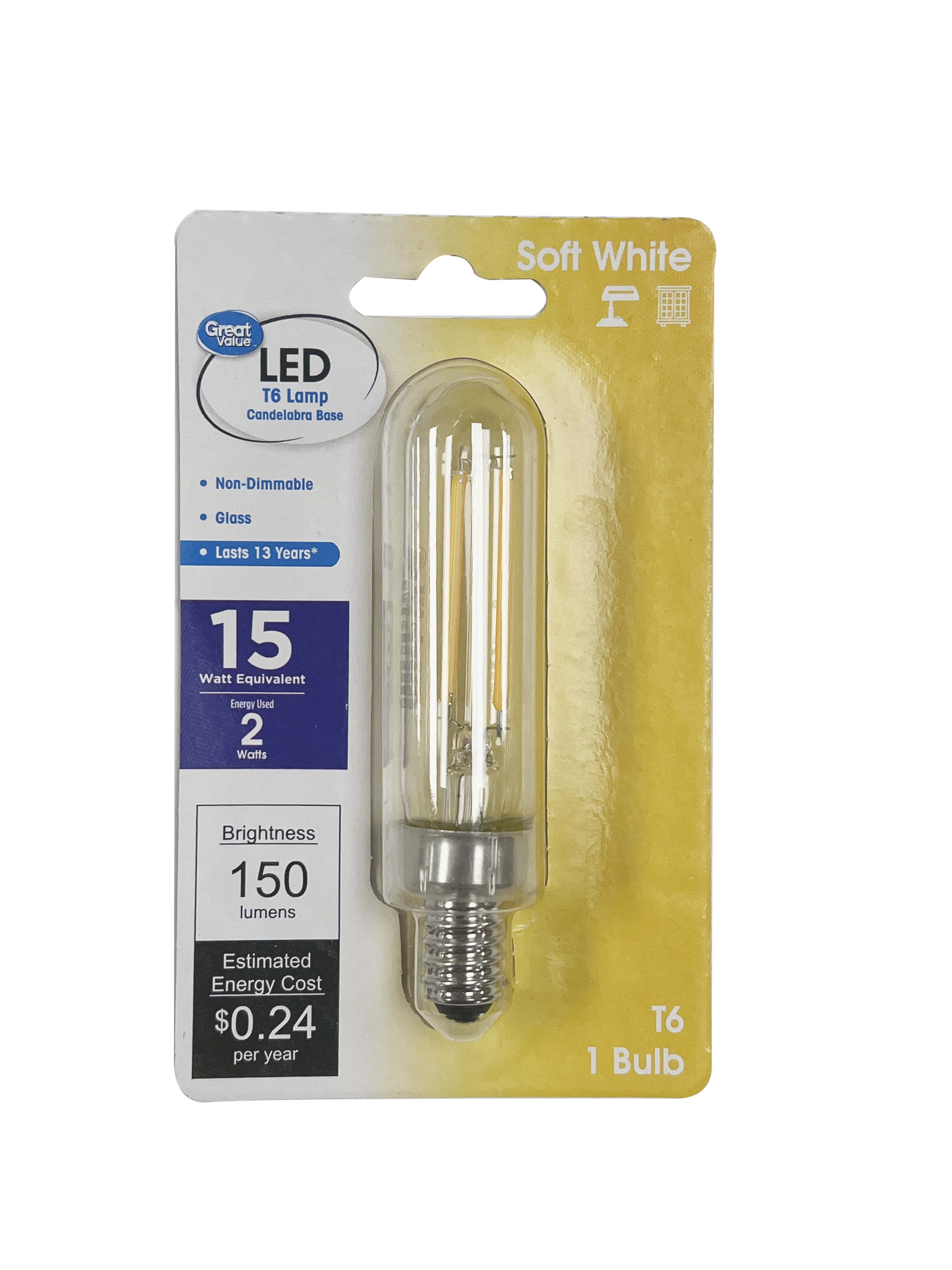 Great Value LED T6 Tube Clear 2 Watts Soft White Candelabra Base Bulb