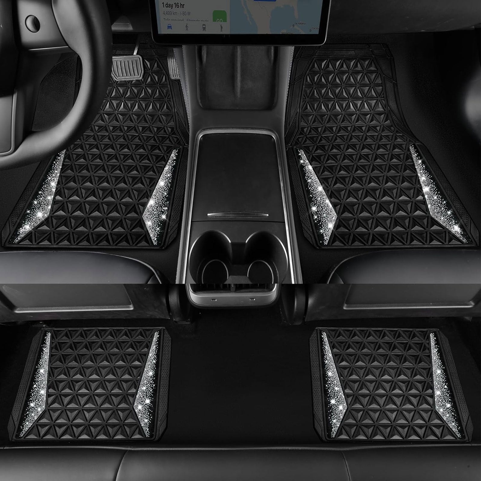 CAR GRAND Bling diamond rubble automotive floor mats full set anti-slip water proof universal fit glitter crystal sparkly shining rhinestone girl woman lady femal Black silver