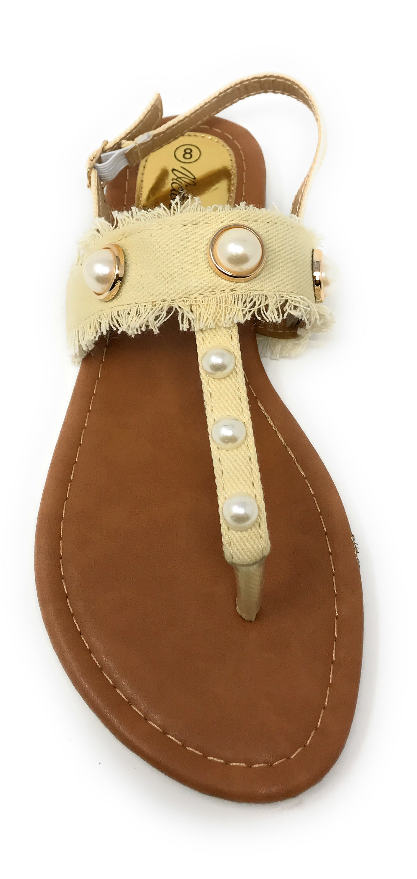 Victoria K Women's Fringed Denim With Pearl Studs Sandals