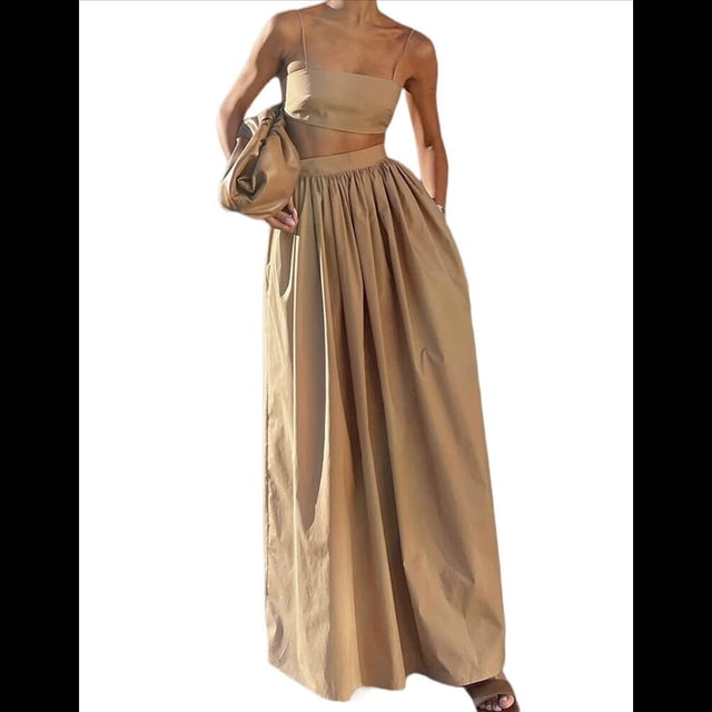 Conjunto de 2 Piezas para Mujer, Sin Mangas, con Tirantes, Corte A, Falda Maxi, Informal, Plisada, Estilo , Estilo Bohemio, con Bolsillo. Caqui S