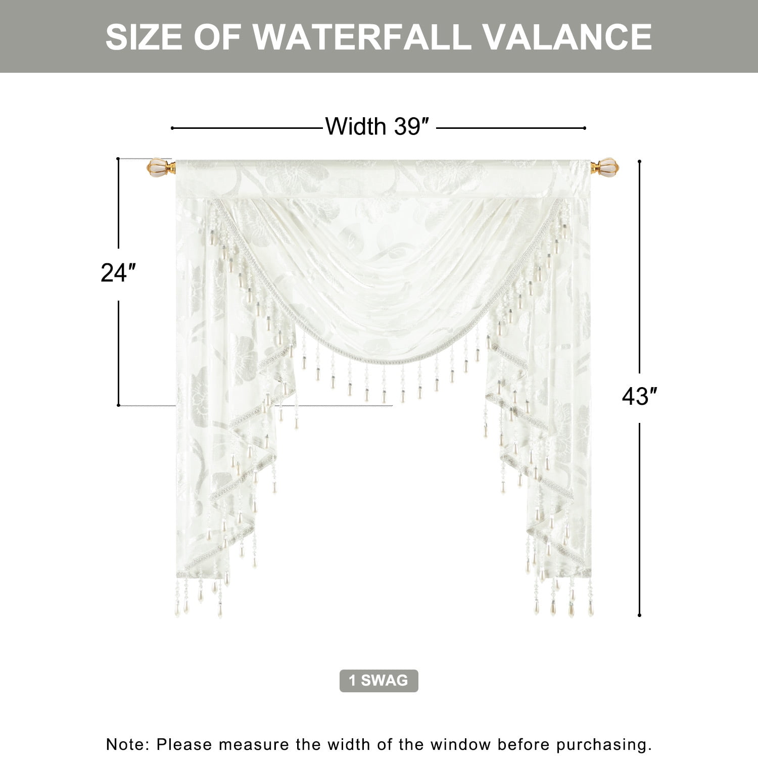VOGOL White Jacquard Waterfall Valance Curtain with Beaded Tassels, Floral Sheer Drapery, 43x39 Inches, Classic Farmhouse Window Decor