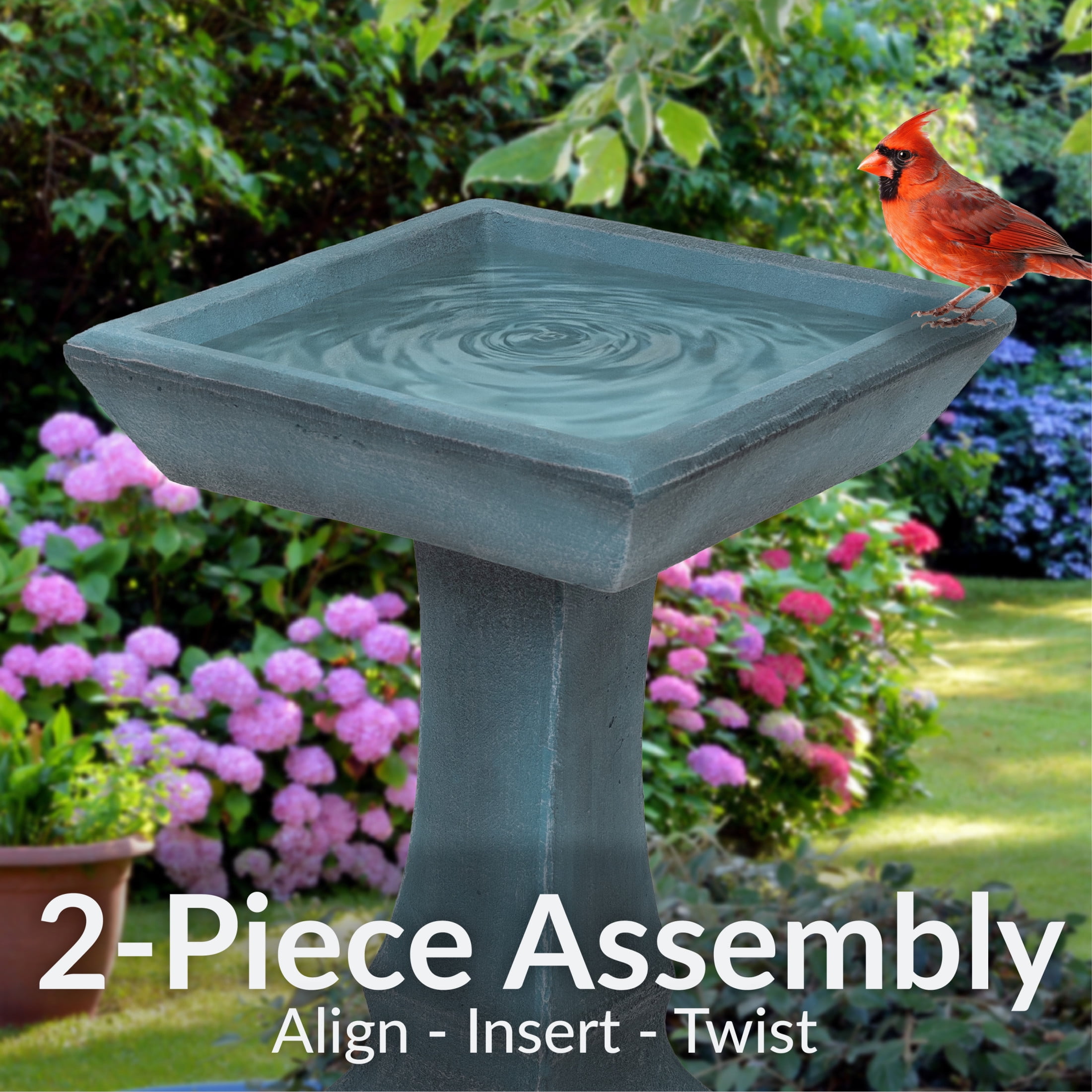 Sunnydaze Simply Square Freestanding Glass Fiber Reinforced Concrete Outdoor Bird Bath, Green